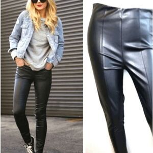 Revamped Faux Leather Leggings Exposed Side Zipper Front Seams Black Size XS
